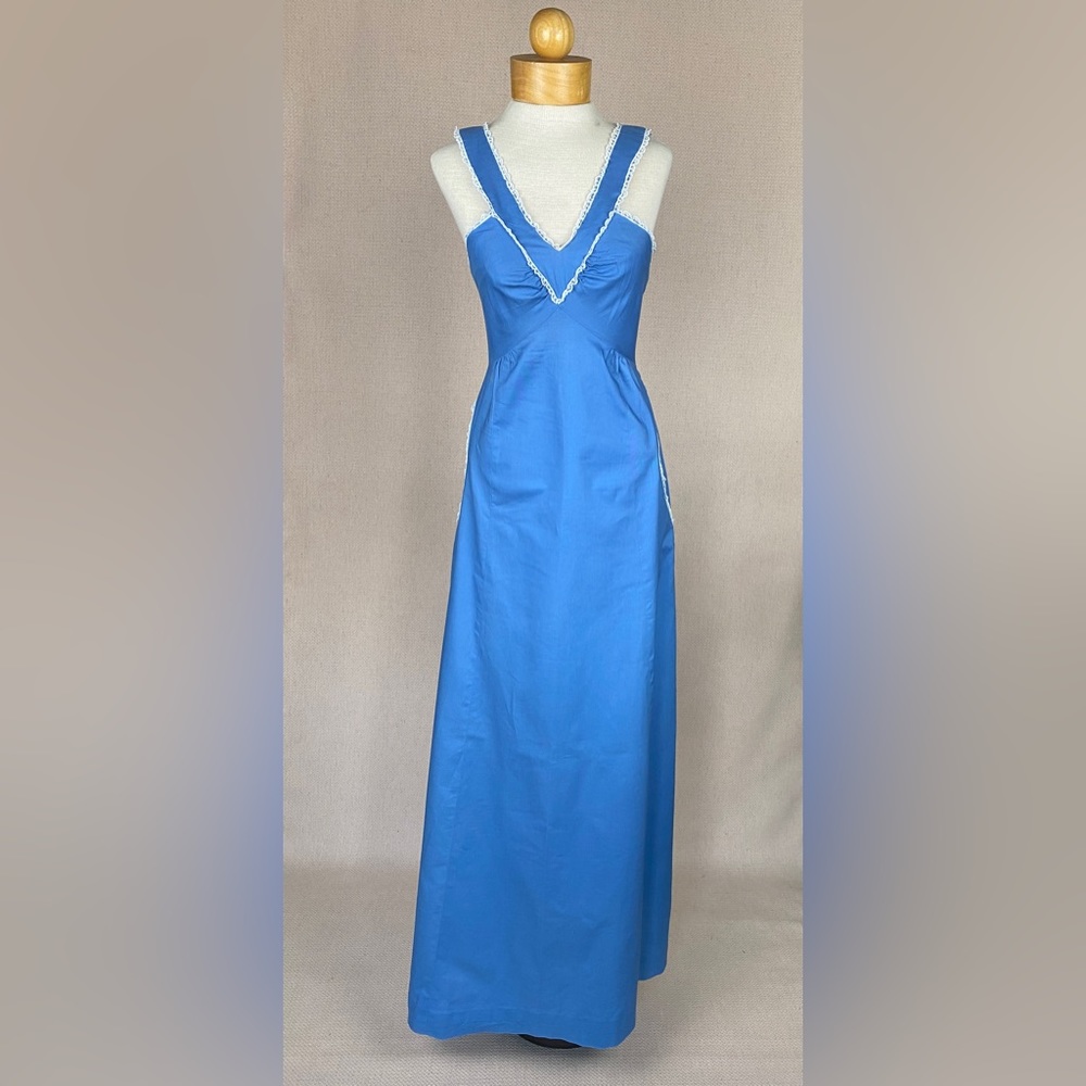 VINTAGE Handmade Hippie Maxi Dress XS w/ White Trim and Pockets! Cornflower Blue